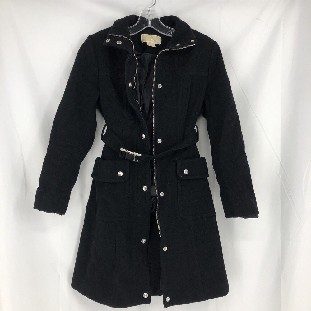 Michael Kors Women's Black Asymmetrical Zip Belted Wool Blend Coat Sz XS